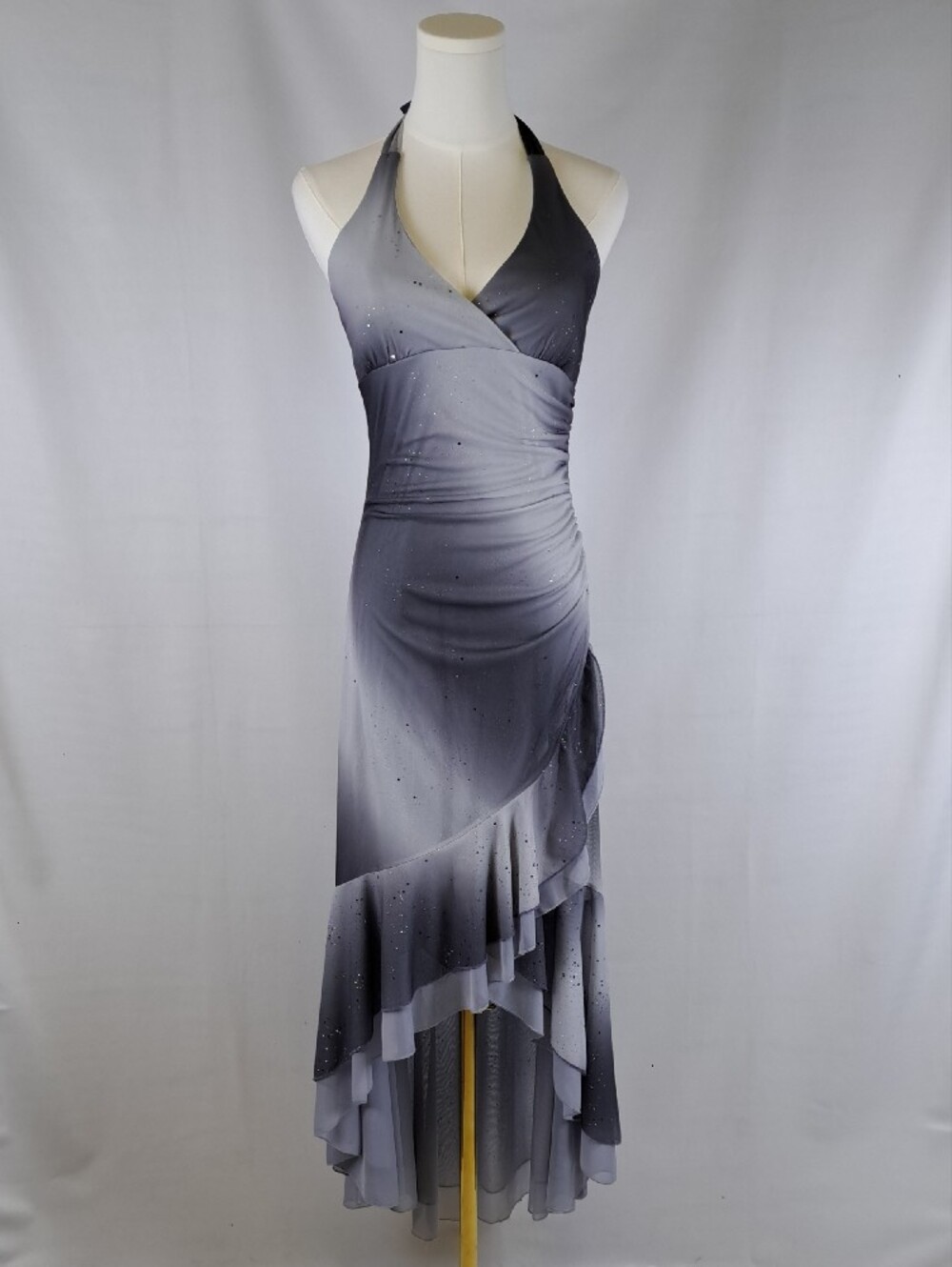 Taboo Ombre Gray Halter High Low Ruffle Maxi Dress Size M Y2K Fairycore Sparkle